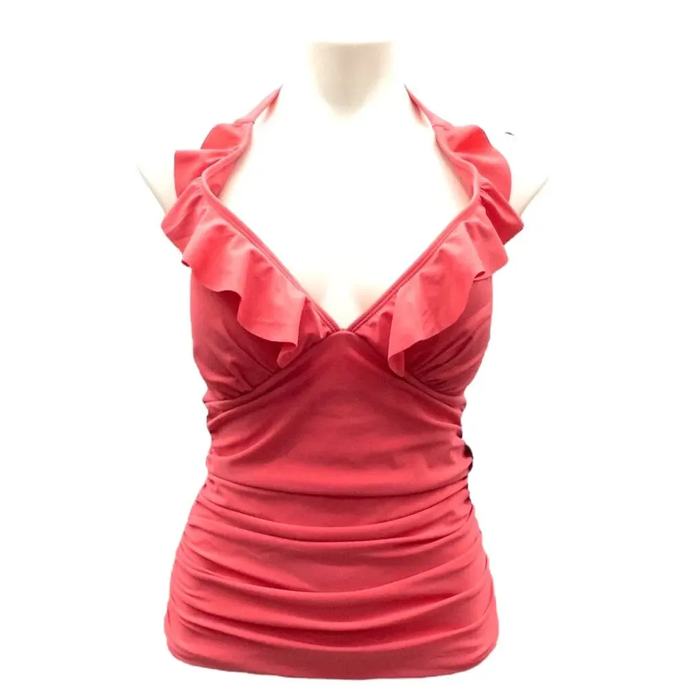 Ellen Tracy Tankini Top Coral Melon Ruffle Halter Swimsuit Women's Size 6 New